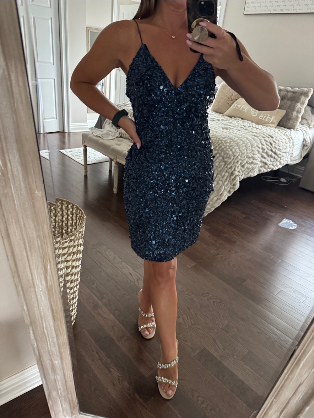 Adriana papell Navy Sequin Spaghetti-Strap Cocktail Dress size p8